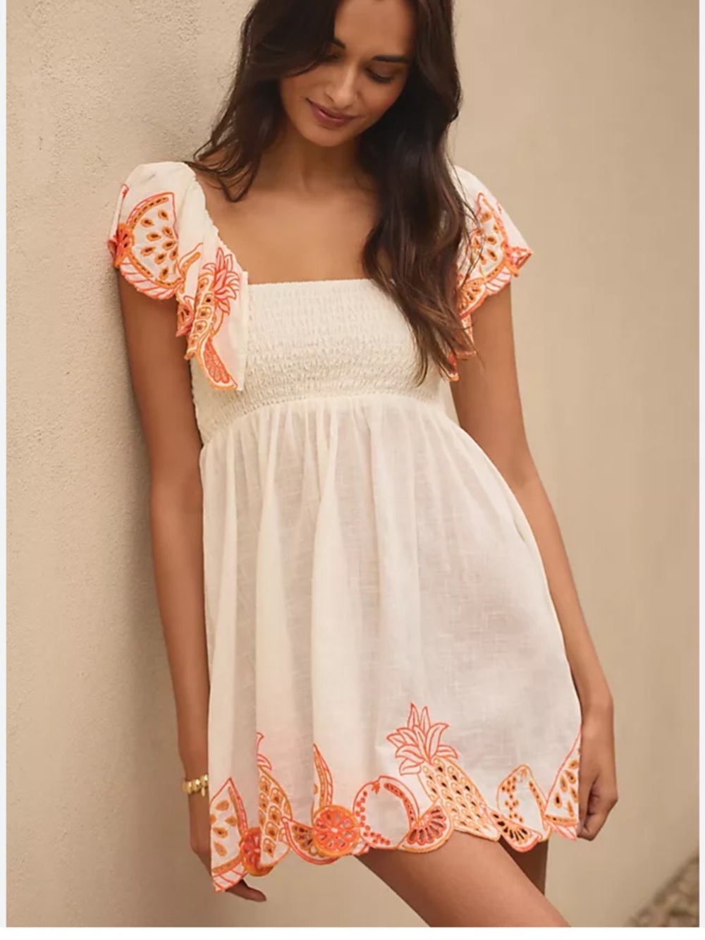 Anthropologie Flutter Sleeve White Mini Dress with Orange Embroidered Trim